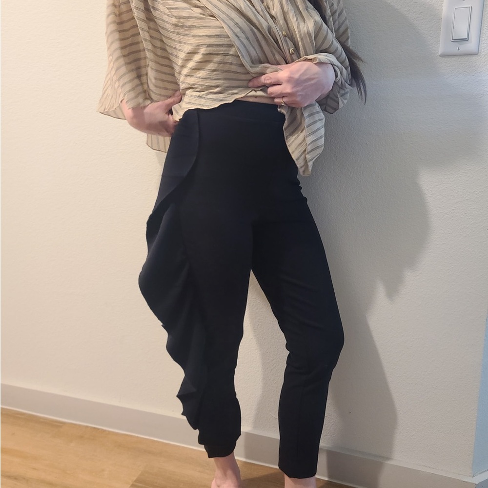 Black Ruffle-Accent High-Waist Stretch Pants SZ-SM NWOT Unique A-Symmetrical